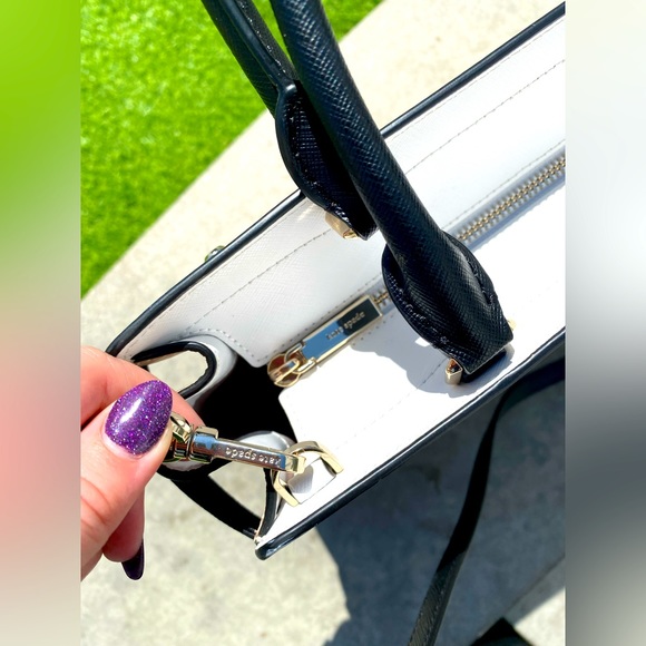 Kate Spade Silver Logo Leather Beige Black & White Tote Crossbody Satchel - Picture 14 of 16